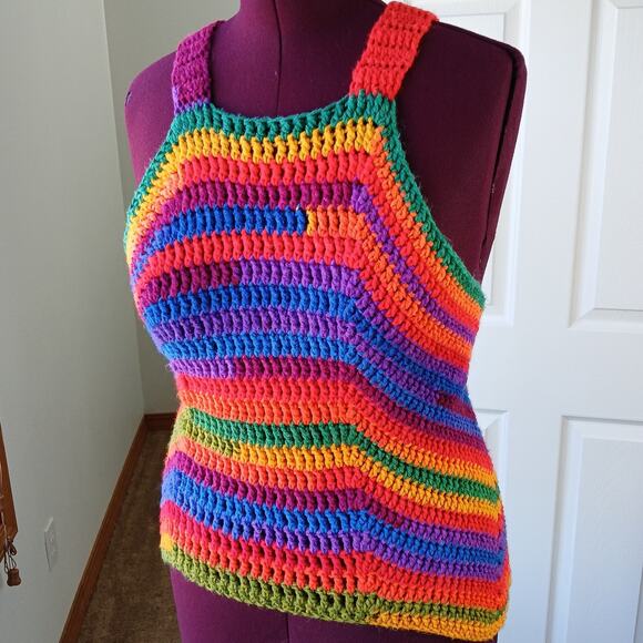 Crochet Rainbow Variegate Tank Top Racerback fits size M - XL handmade unique - Picture 1 of 14